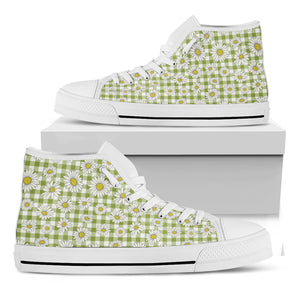 Green Tartan Daisy Pattern Print White High Top Shoes