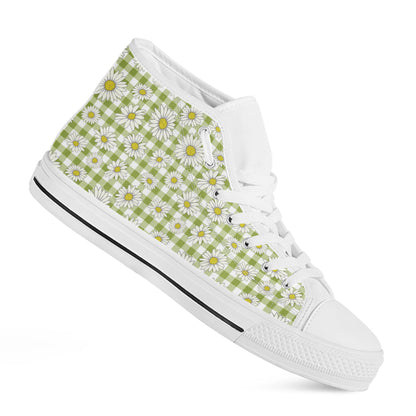 Green Tartan Daisy Pattern Print White High Top Shoes