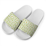 Green Tartan Daisy Pattern Print White Slide Sandals
