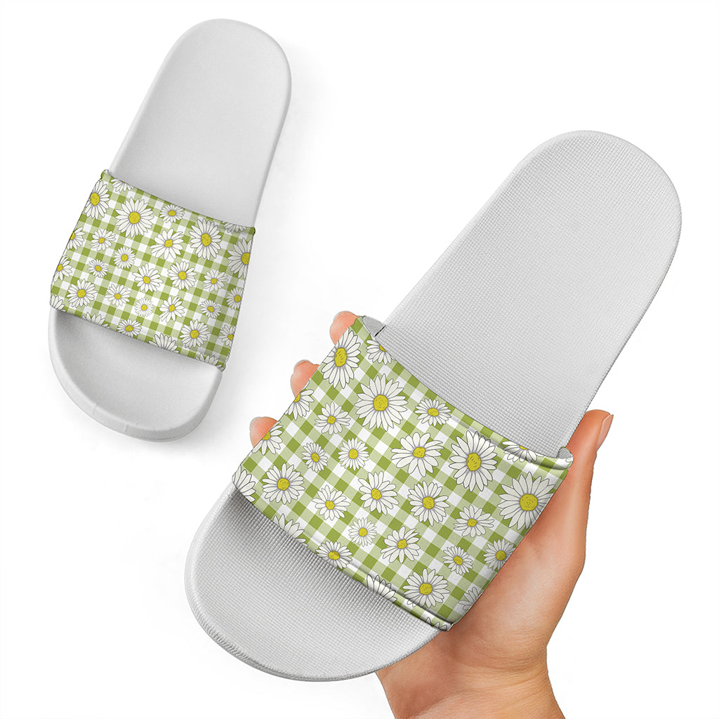 Green Tartan Daisy Pattern Print White Slide Sandals