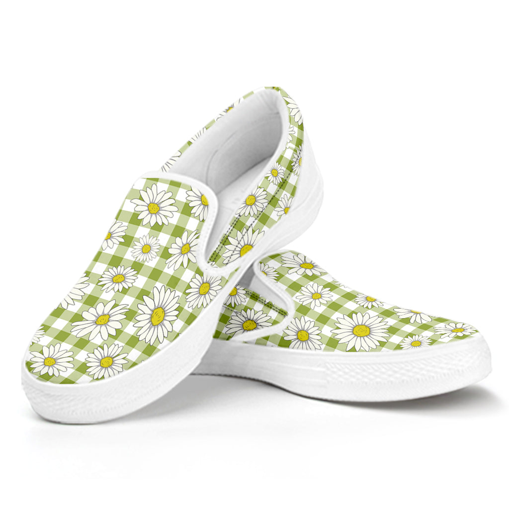 Green Tartan Daisy Pattern Print White Slip On Shoes