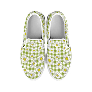 Green Tartan Daisy Pattern Print White Slip On Shoes