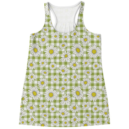 Green Tartan Daisy Pattern Print Women's Racerback Tank Top