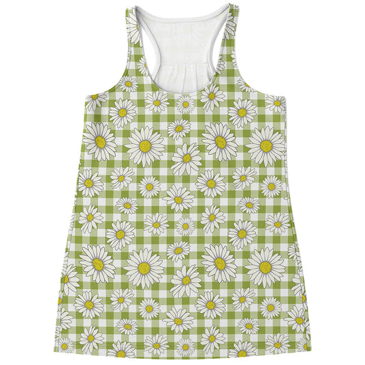 Green Tartan Daisy Pattern Print Women's Racerback Tank Top