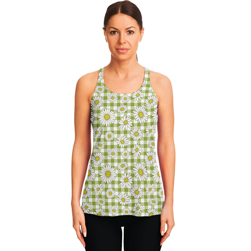 Green Tartan Daisy Pattern Print Women's Racerback Tank Top
