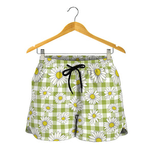 Green Tartan Daisy Pattern Print Women's Shorts