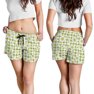 Green Tartan Daisy Pattern Print Women's Shorts