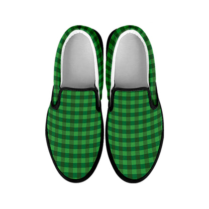 Green Tartan Saint Patrick's Day Print Black Slip On Shoes