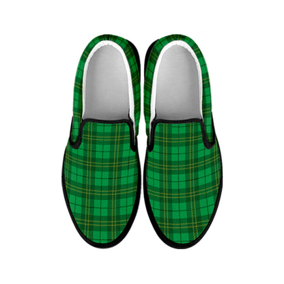 Green Tartan St. Patrick's Day Print Black Slip On Shoes