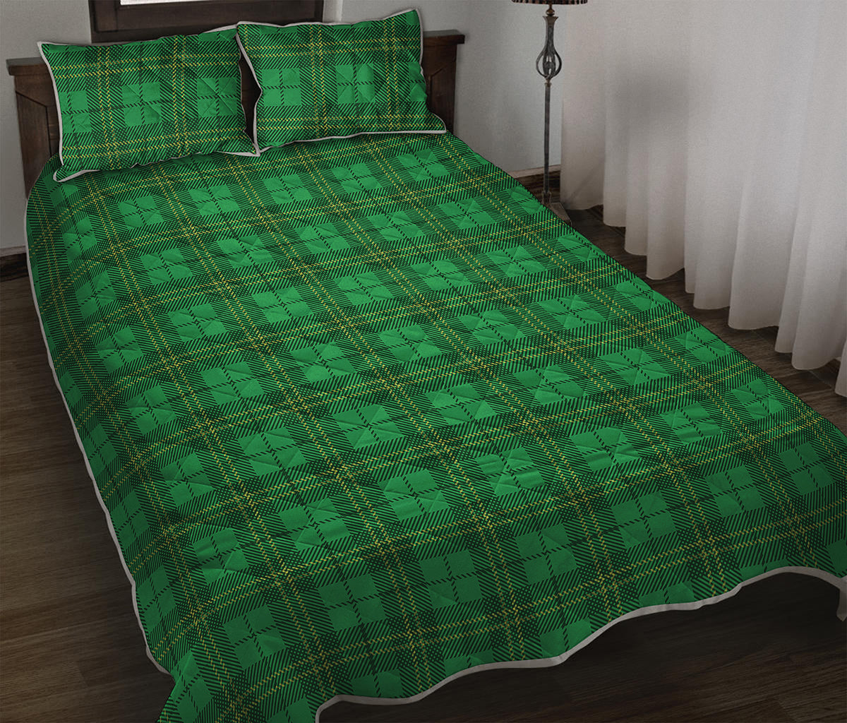 Green Tartan St. Patrick's Day Print Quilt Bed Set