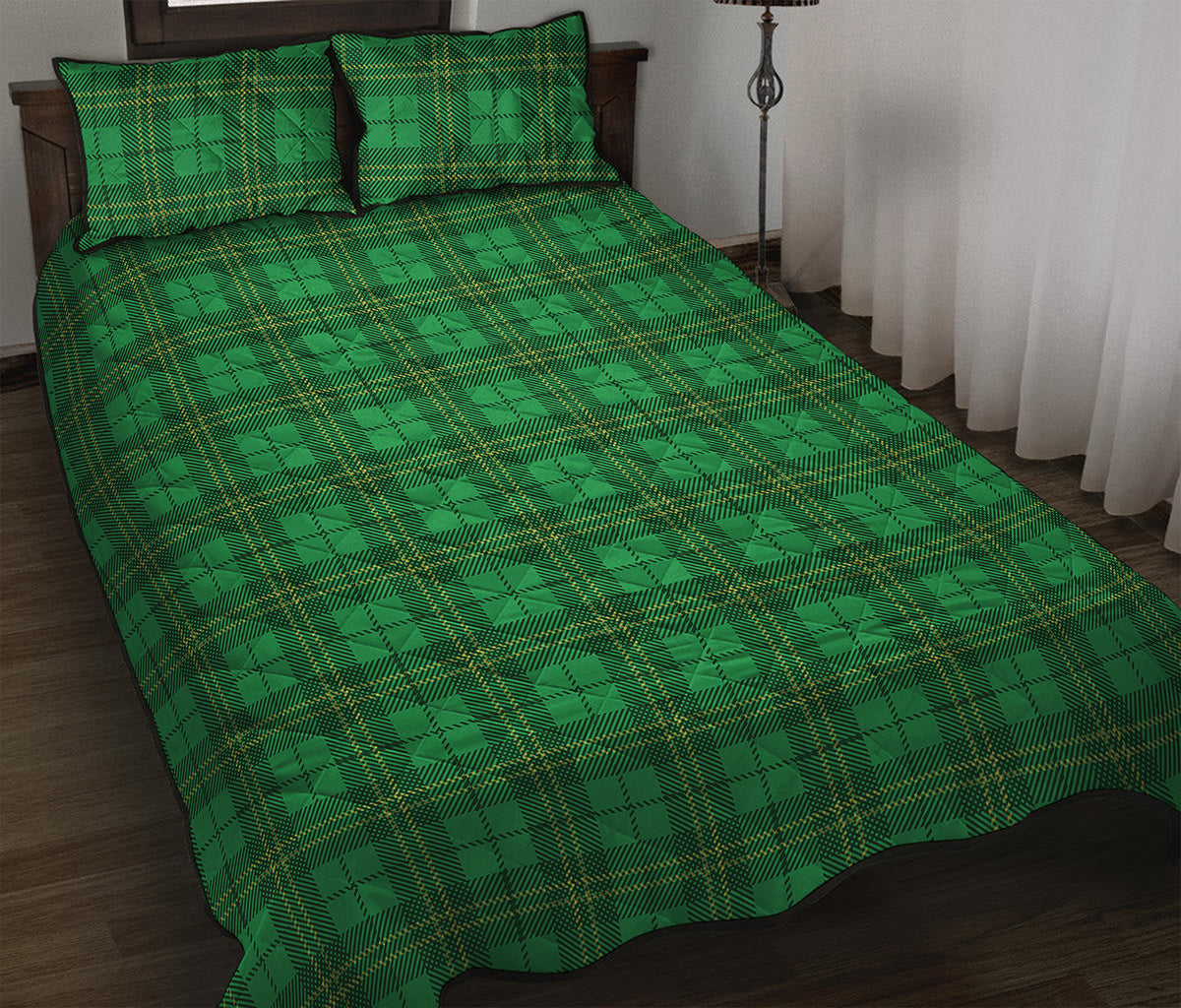 Green Tartan St. Patrick's Day Print Quilt Bed Set