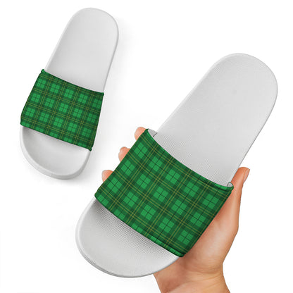 Green Tartan St. Patrick's Day Print White Slide Sandals