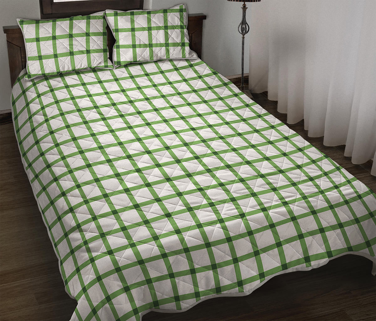Green Tattersall Pattern Print Quilt Bed Set