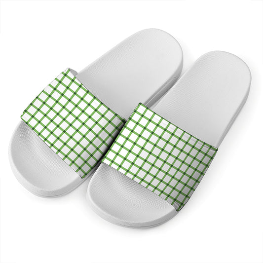 Green Tattersall Pattern Print White Slide Sandals