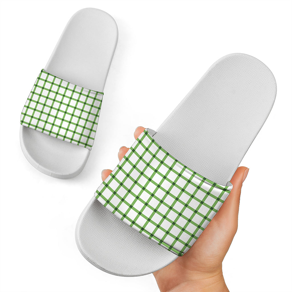 Green Tattersall Pattern Print White Slide Sandals