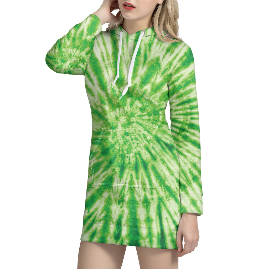 Green Tie Dye Print Pullover Hoodie Dress