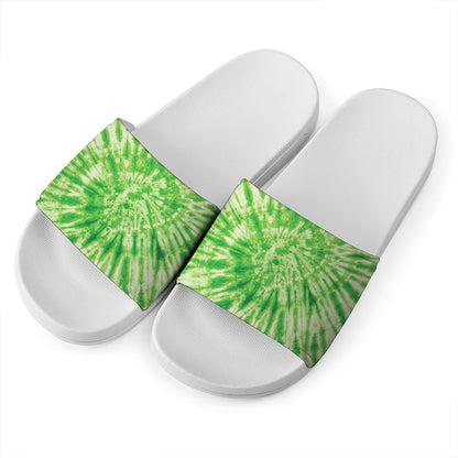 Green Tie Dye Print White Slide Sandals