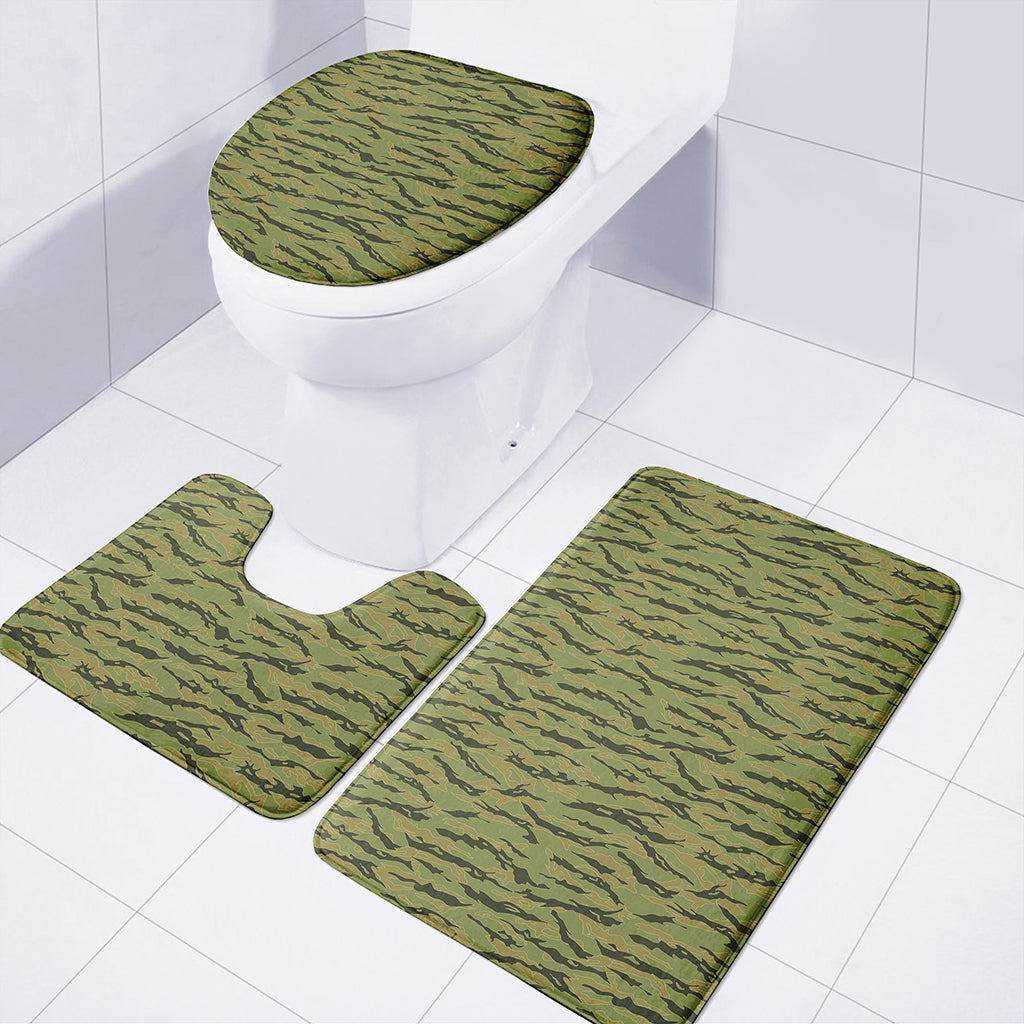 Green Tiger Stripe Camo Pattern Print 3 Piece Bath Mat Set