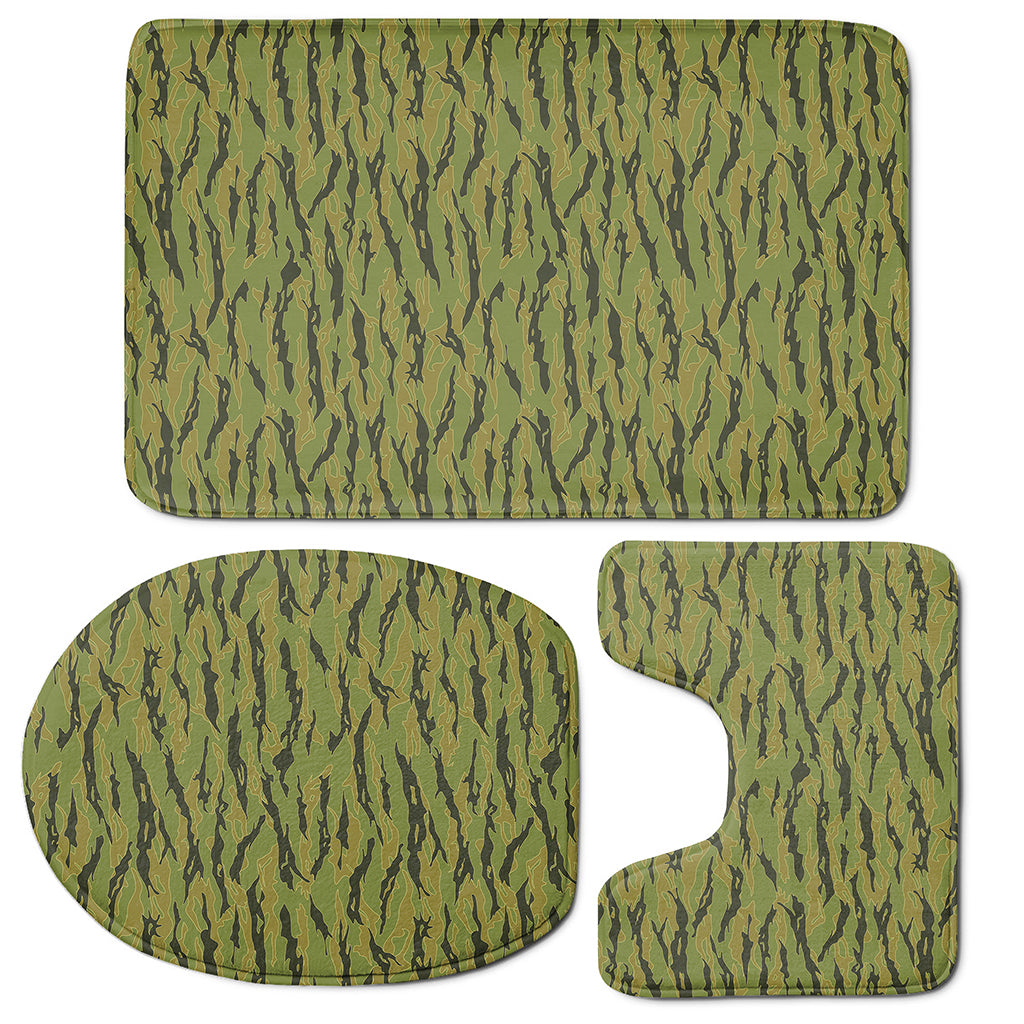Green Tiger Stripe Camo Pattern Print 3 Piece Bath Mat Set
