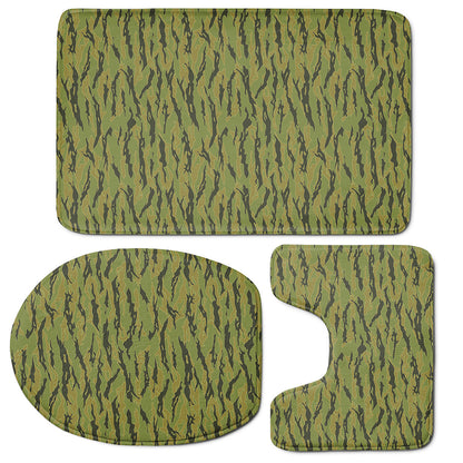 Green Tiger Stripe Camo Pattern Print 3 Piece Bath Mat Set