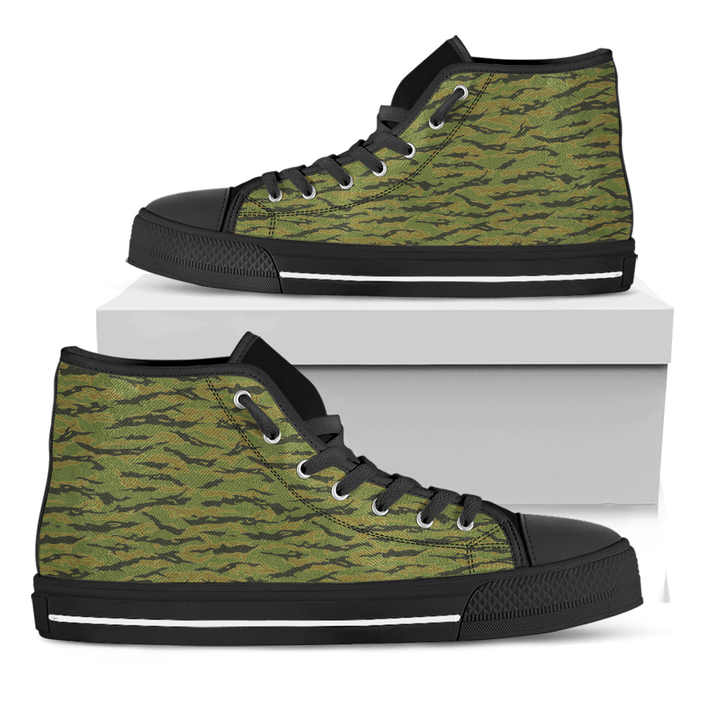 Green Tiger Stripe Camo Pattern Print Black High Top Shoes