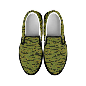 Green Tiger Stripe Camo Pattern Print Black Slip On Shoes