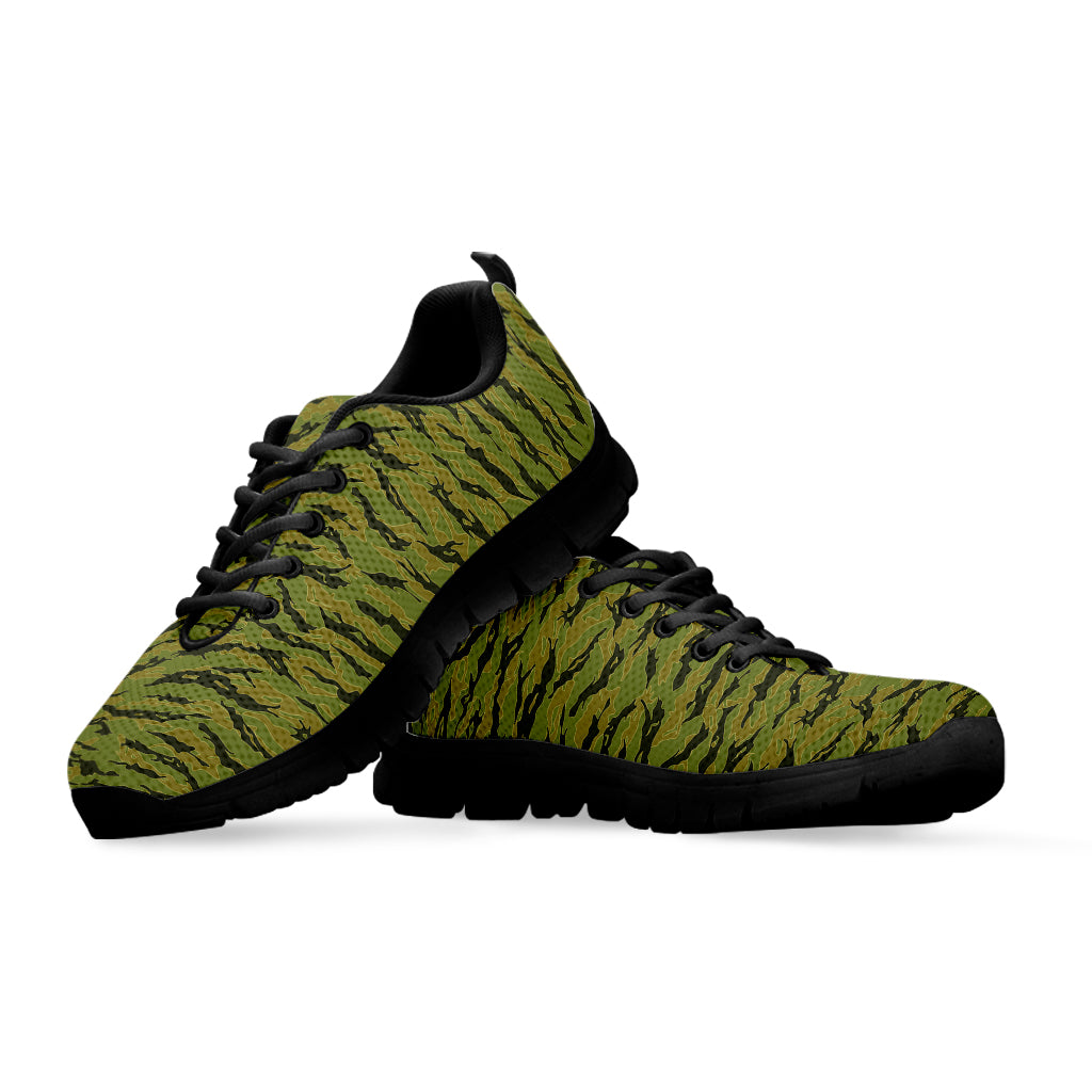 Green Tiger Stripe Camo Pattern Print Black Sneakers