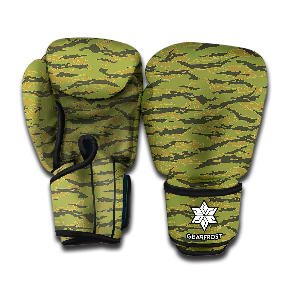 Green Tiger Stripe Camo Pattern Print Boxing Gloves