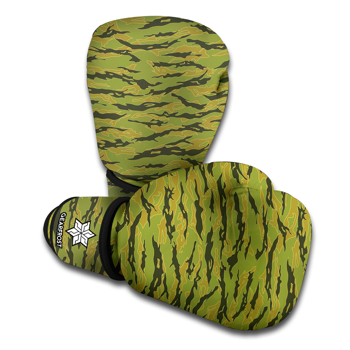 Green Tiger Stripe Camo Pattern Print Boxing Gloves