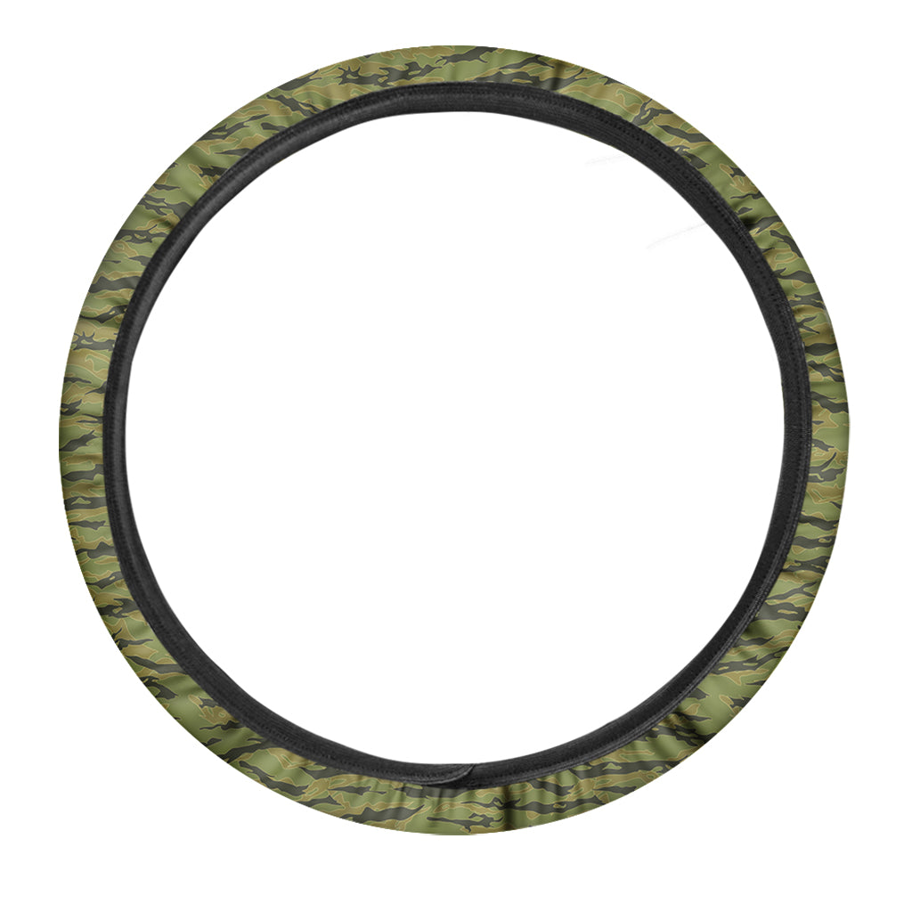 Green Tiger Stripe Camo Pattern Print Car Steering Wheel Cover