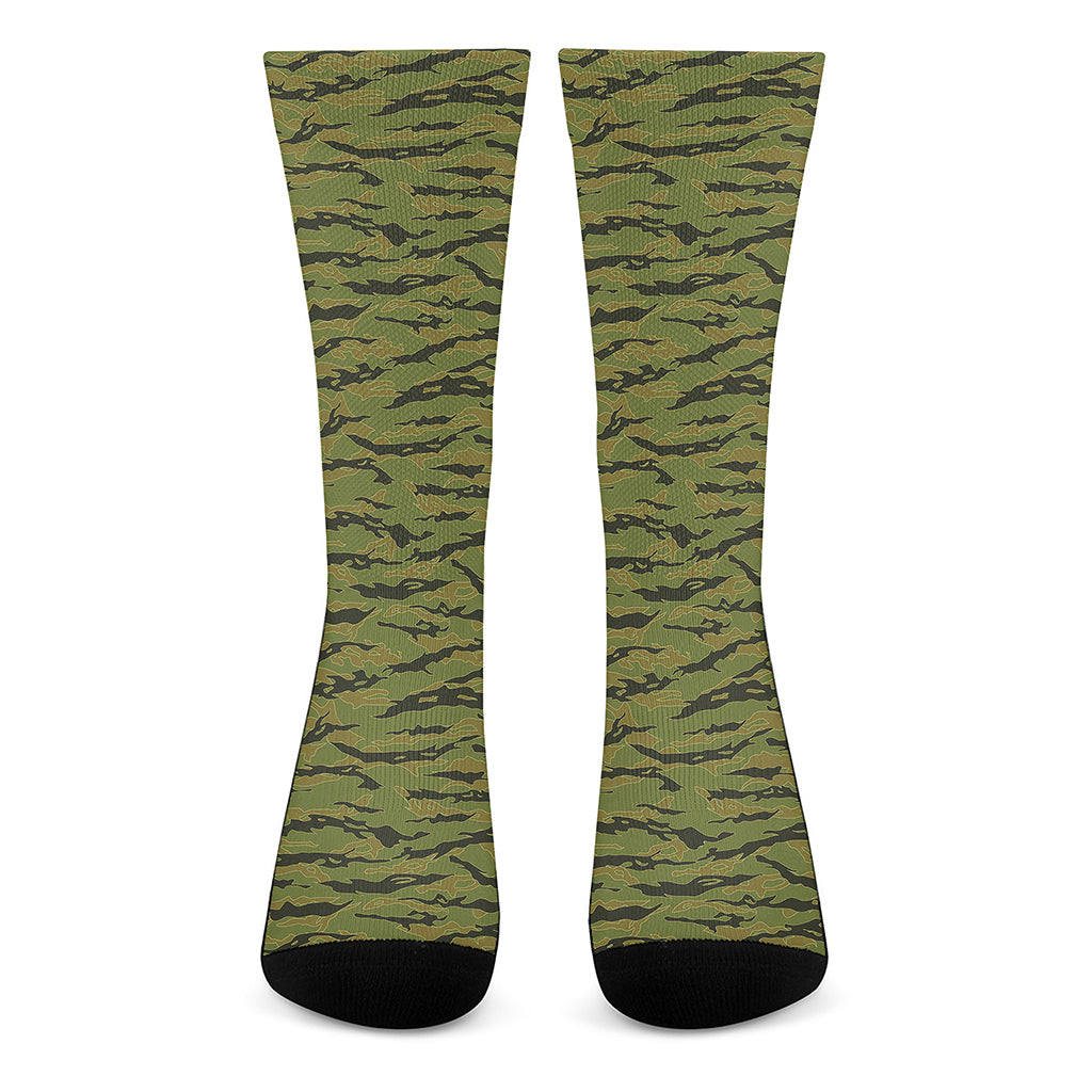 Green Tiger Stripe Camo Pattern Print Crew Socks