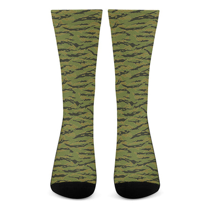 Green Tiger Stripe Camo Pattern Print Crew Socks