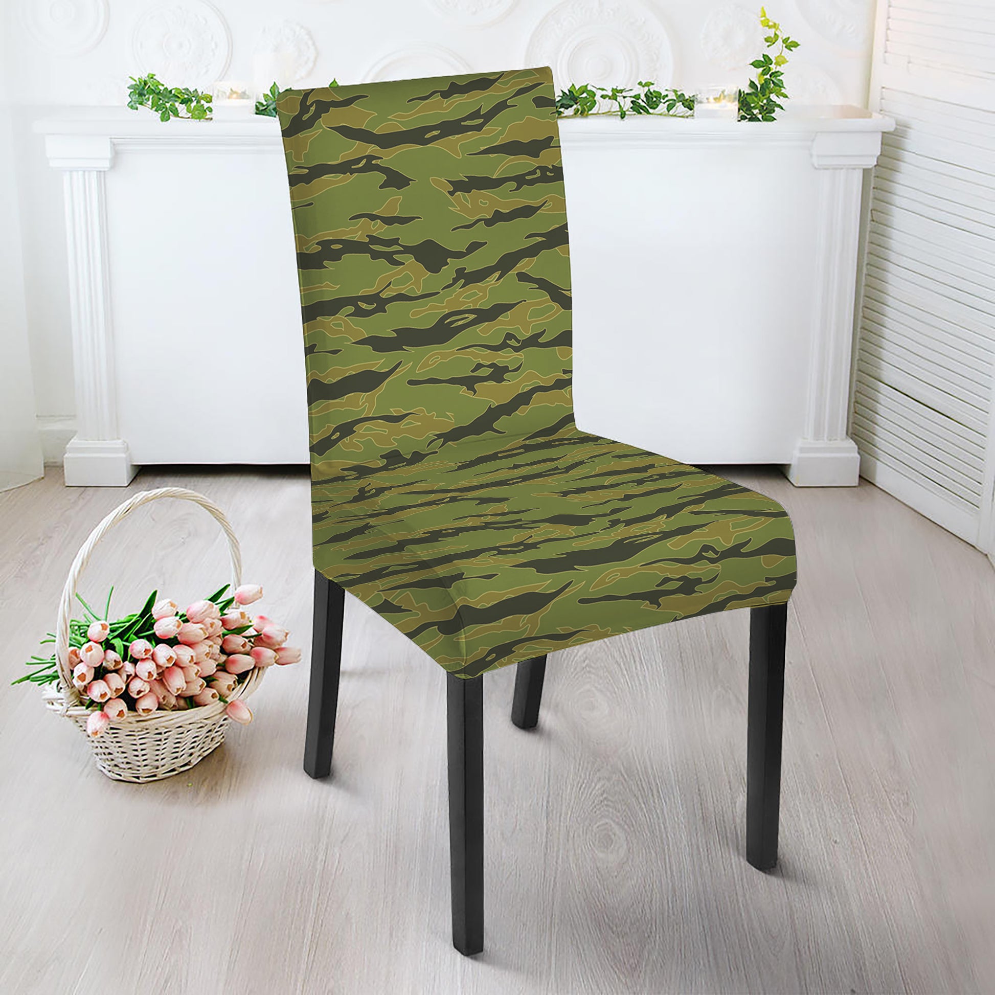 Green Tiger Stripe Camo Pattern Print Dining Chair Slipcover