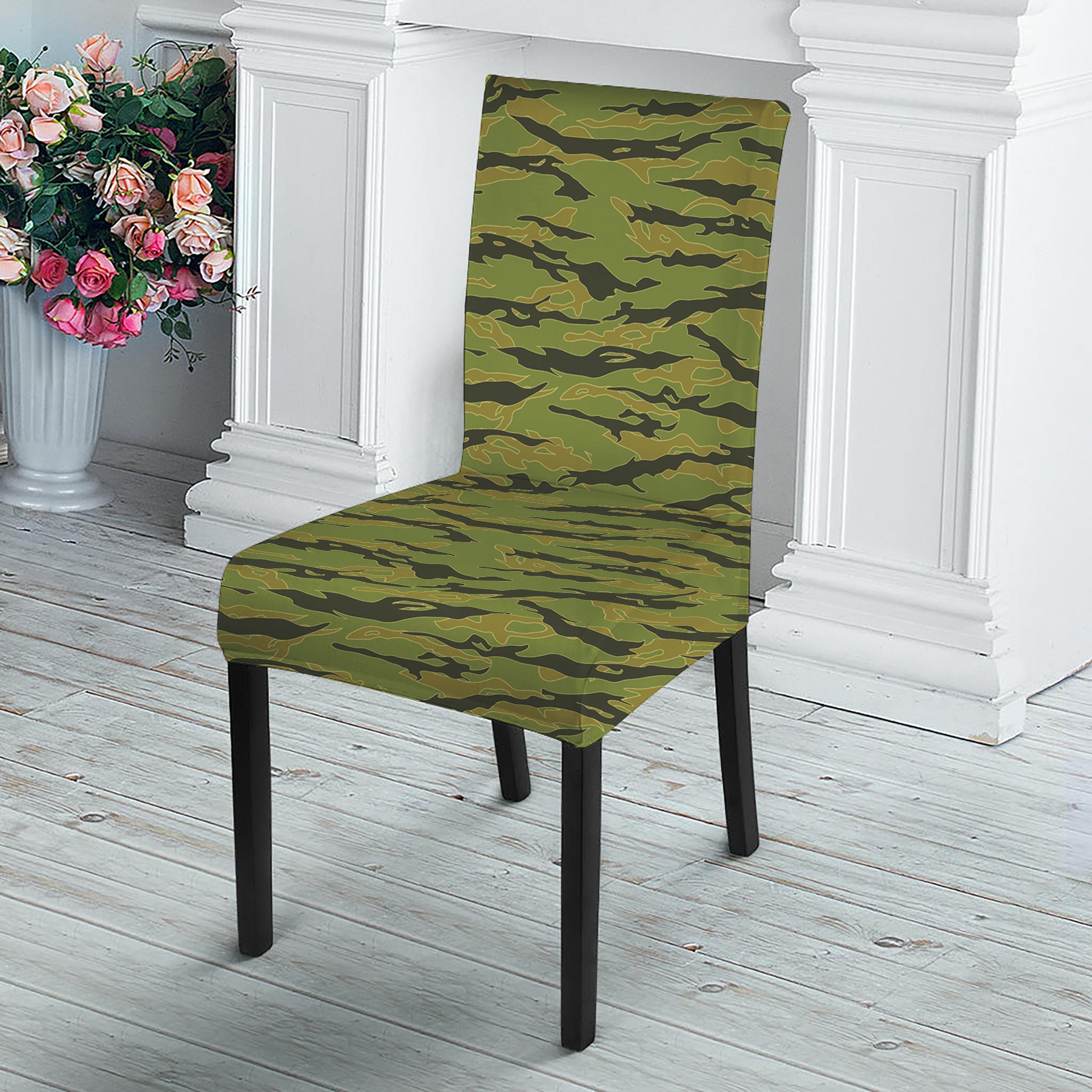 Green Tiger Stripe Camo Pattern Print Dining Chair Slipcover