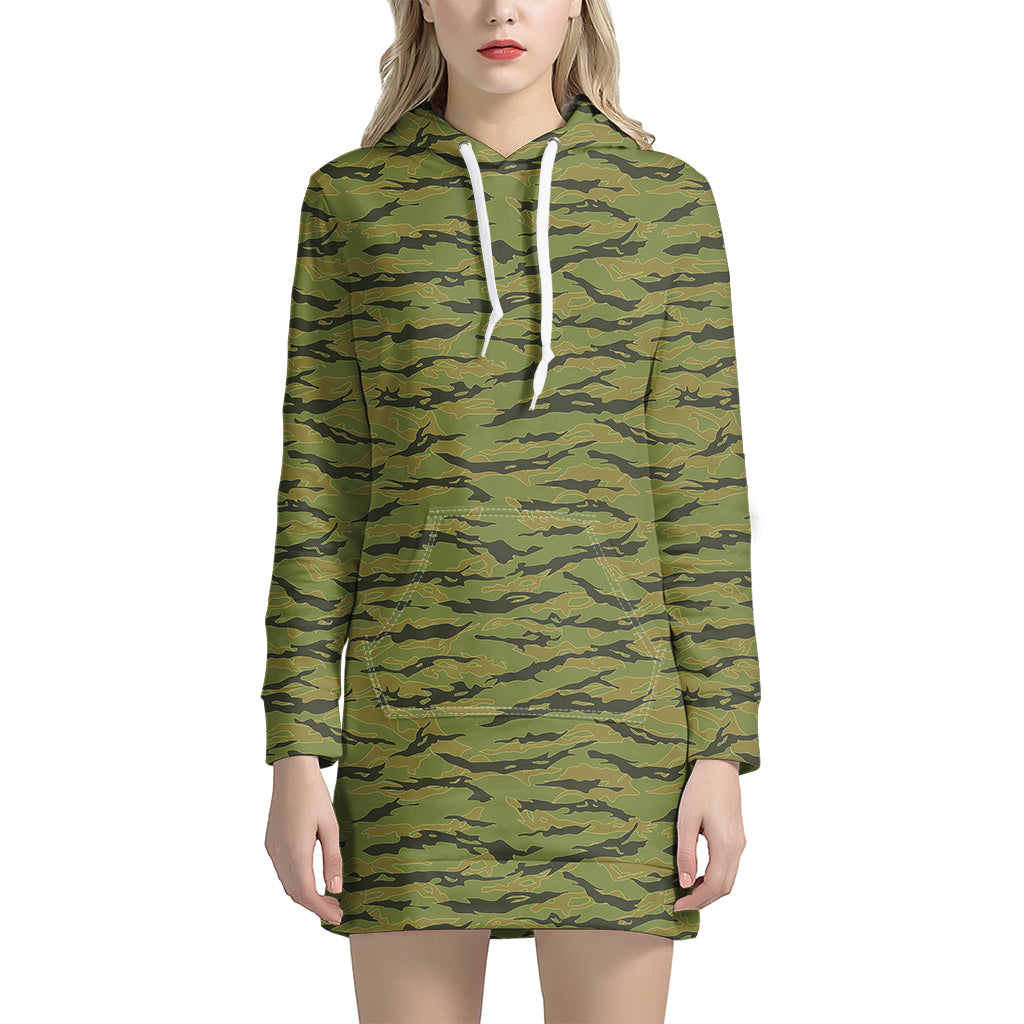 Green Tiger Stripe Camo Pattern Print Hoodie Dress