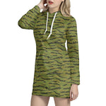 Green Tiger Stripe Camo Pattern Print Hoodie Dress