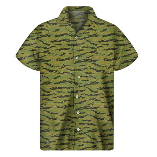 Green Tiger Stripe Camo Pattern Print Men's Short Sleeve Shirt