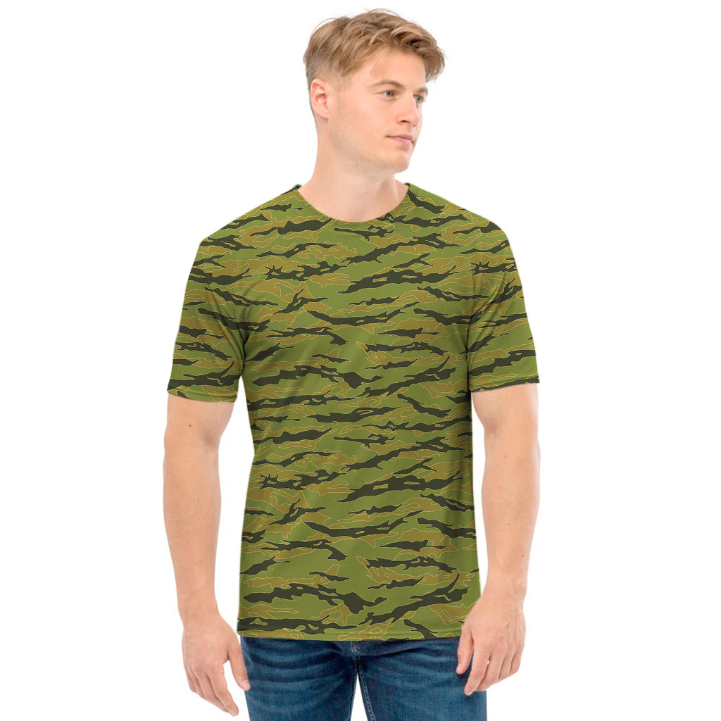 Green Tiger Stripe Camo Pattern Print Men's T-Shirt