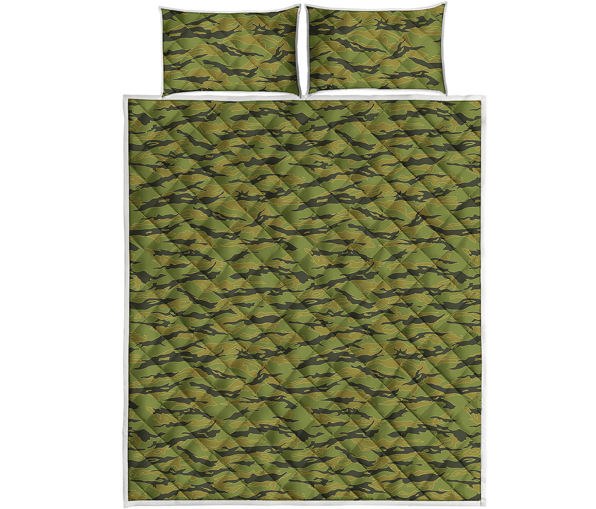 Green Tiger Stripe Camo Pattern Print Quilt Bed Set