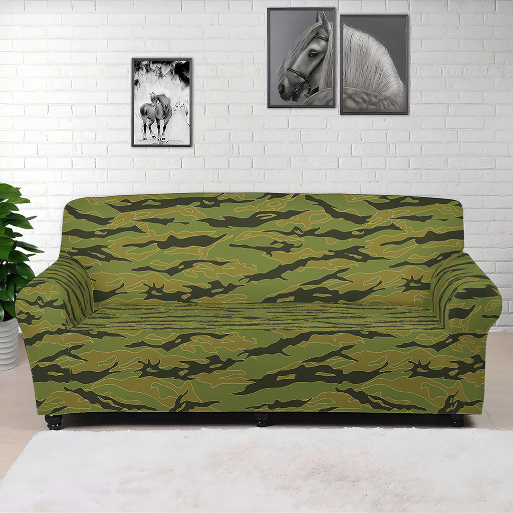 Green Tiger Stripe Camo Pattern Print Sofa Cover