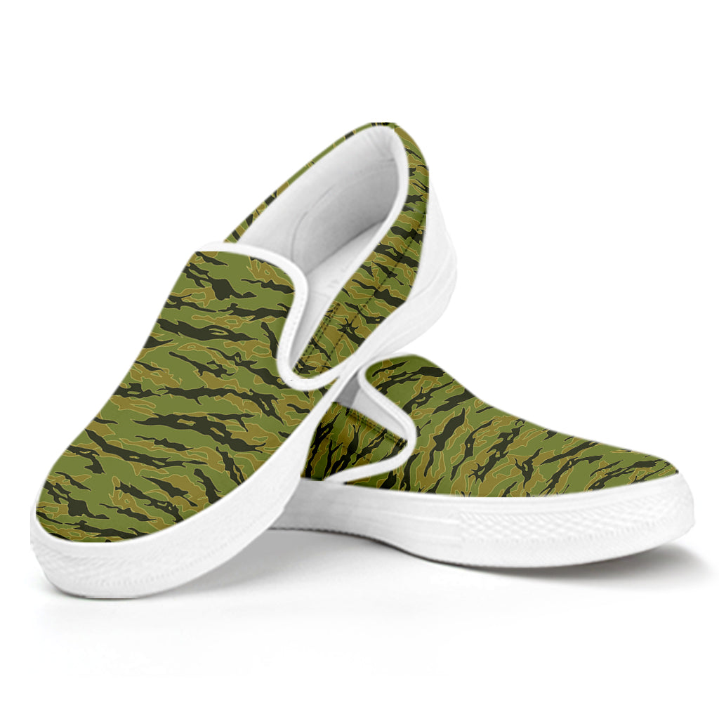 Green Tiger Stripe Camo Pattern Print White Slip On Shoes