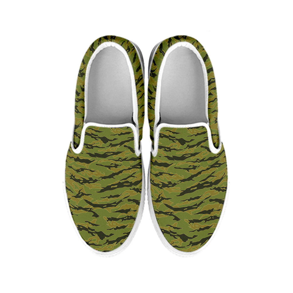 Green Tiger Stripe Camo Pattern Print White Slip On Shoes