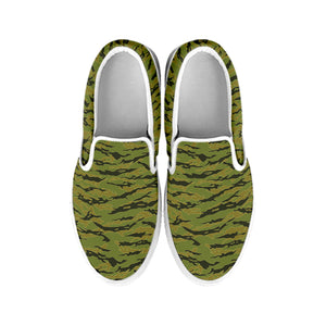 Green Tiger Stripe Camo Pattern Print White Slip On Shoes