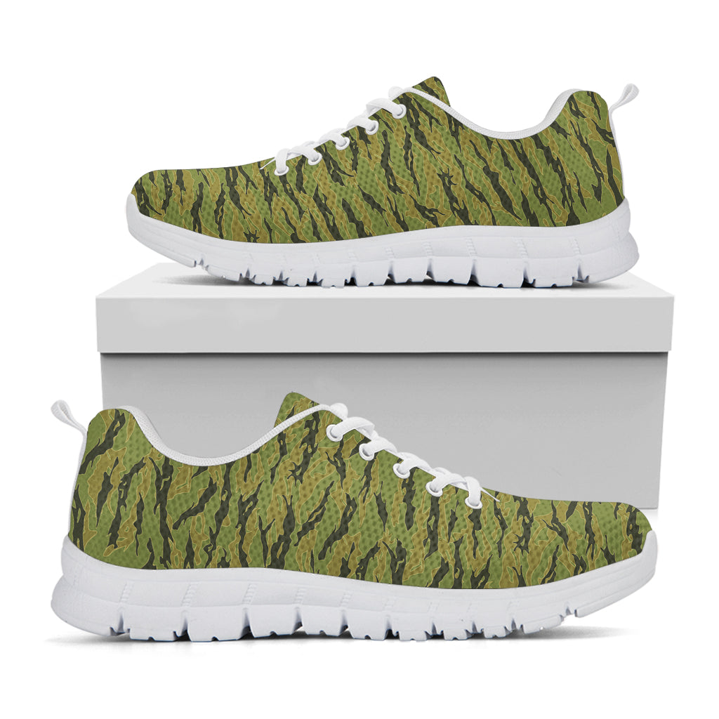 Green Tiger Stripe Camo Pattern Print White Sneakers