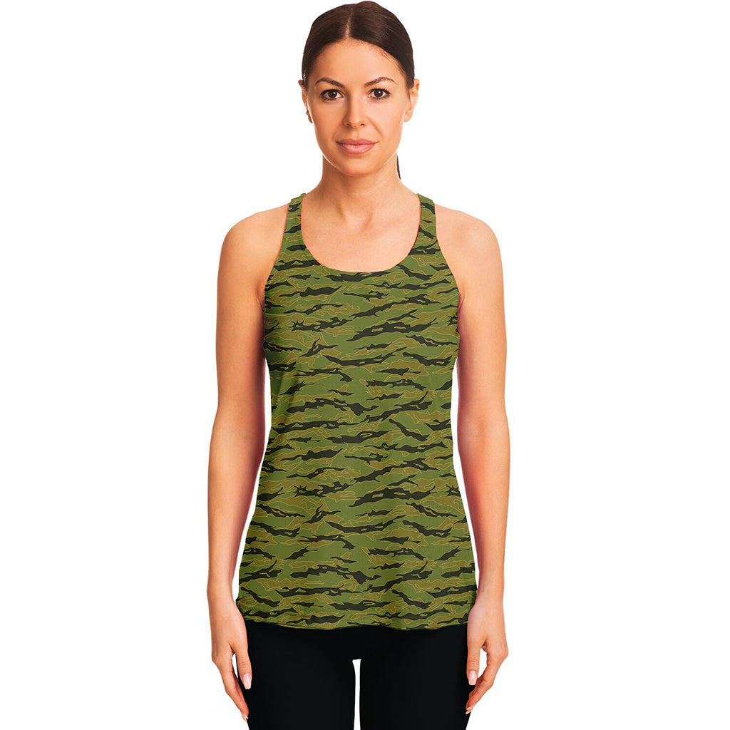 Green Tiger Stripe Camo Pattern Print Women's Racerback Tank Top