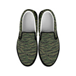 Green Tiger Stripe Camouflage Print Black Slip On Shoes