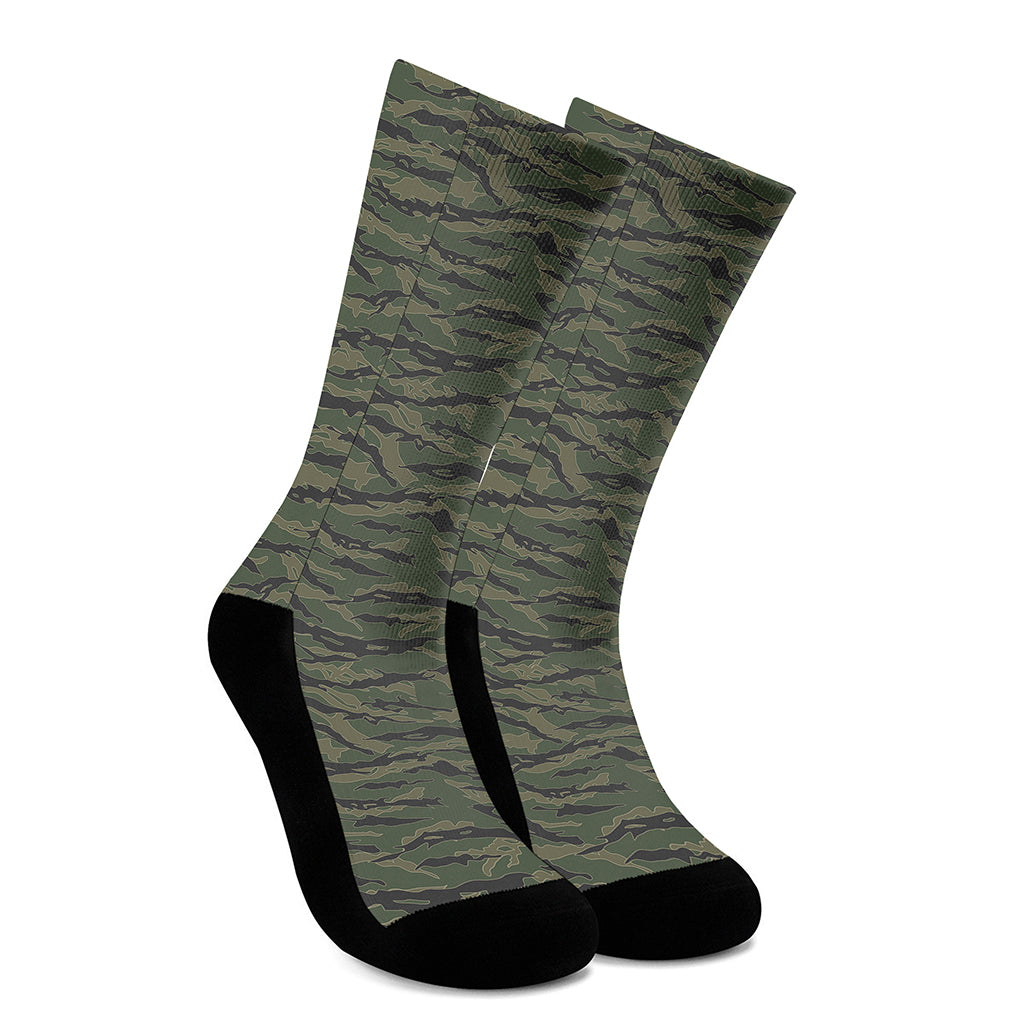 Green Tiger Stripe Camouflage Print Crew Socks