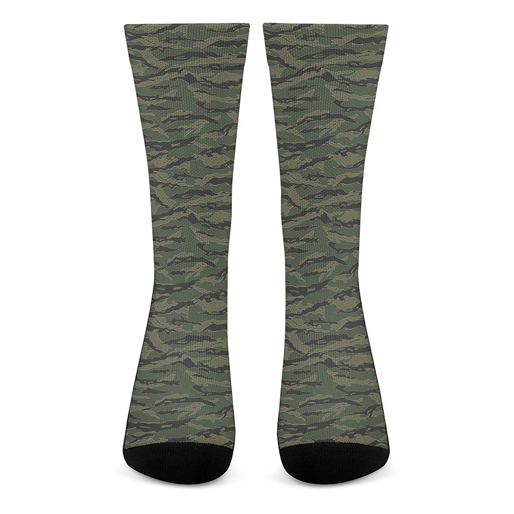 Green Tiger Stripe Camouflage Print Crew Socks