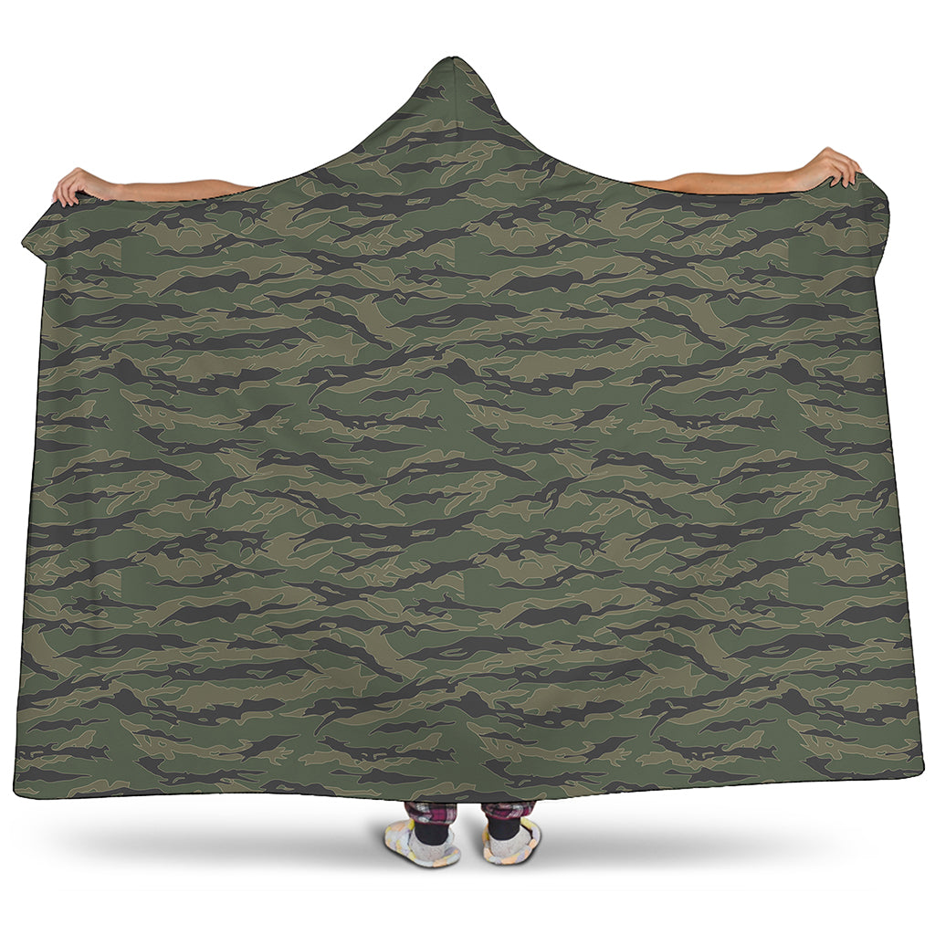 Green Tiger Stripe Camouflage Print Hooded Blanket