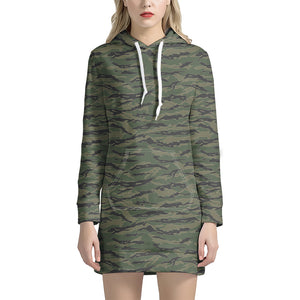 Green Tiger Stripe Camouflage Print Hoodie Dress